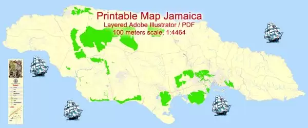 Printable Map Jamaica Full, exact Map City Plan Level G-View 17 (100 meters scale) full editable, Adobe Illustrator