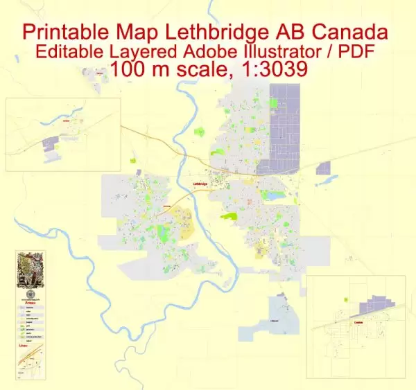 Printable Map Lethbridge + Coaldale + Fort Macleod, Alberta, Canada, exact Map City Plan Level G-View 17 (100 meters scale) full editable, Adobe Illustrator