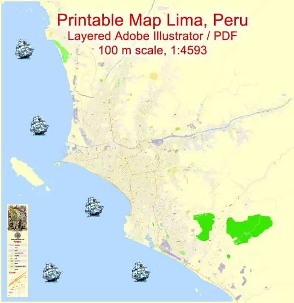 Printable Map Lima, Peru, exact Map City Plan Level G-View 17 (100 meters scale) full editable, Adobe Illustrator