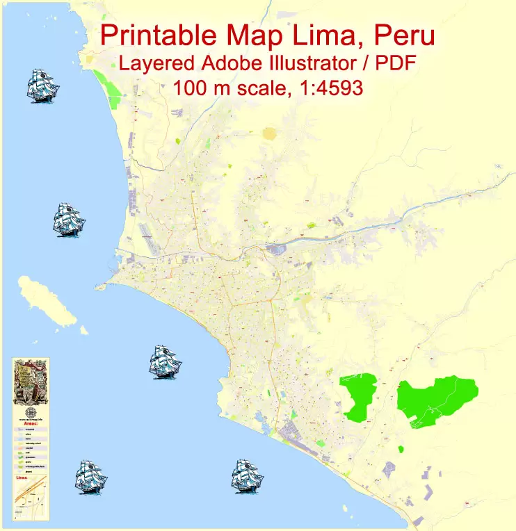 Printable Map Lima, Peru, exact Map City Plan Level G-View 17 (100 meters scale) full editable, Adobe Illustrator