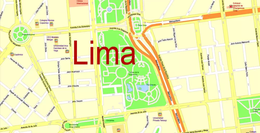 Printable Map Lima, Peru, exact Map City Plan Level G-View 17 (100 meters scale) full editable, Adobe Illustrator