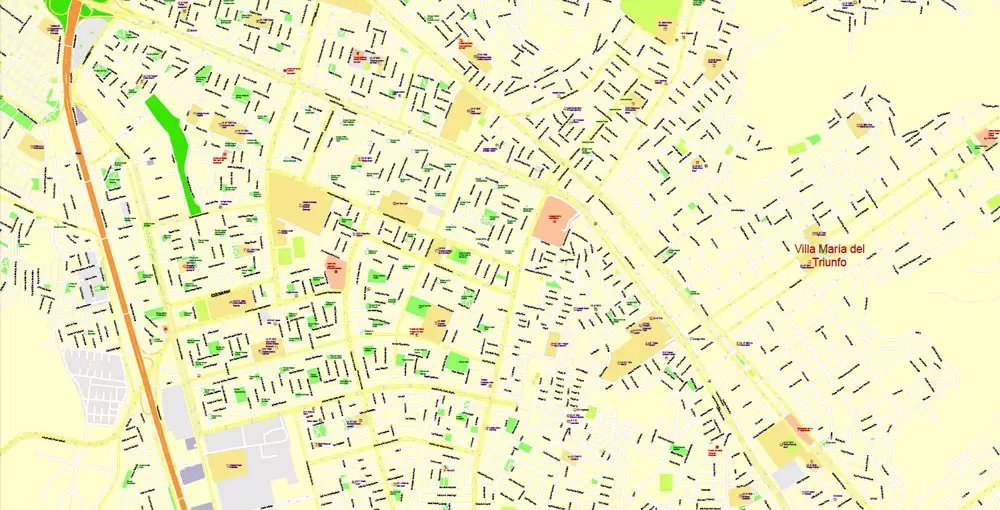 Printable Map Lima, Peru, exact Map City Plan Level G-View 17 (100 meters scale) full editable, Adobe Illustrator