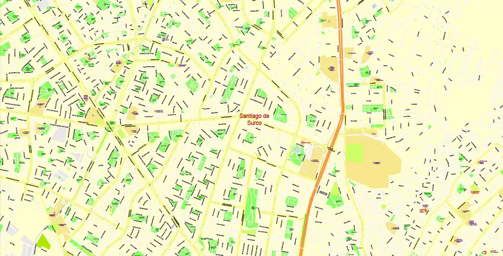 Printable Map Lima, Peru, exact Map City Plan Level G-View 17 (100 meters scale) full editable, Adobe Illustrator