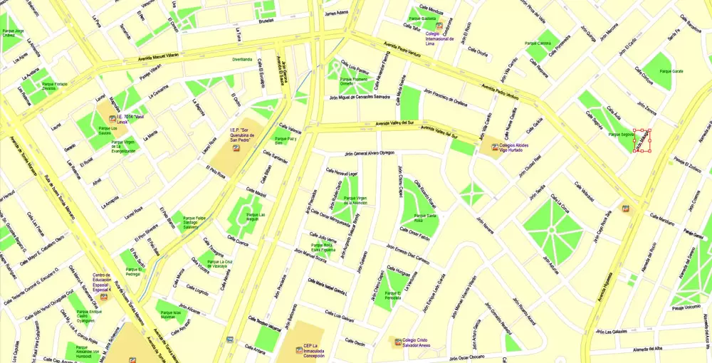 Printable Map Lima, Peru, exact Map City Plan Level G-View 17 (100 meters scale) full editable, Adobe Illustrator
