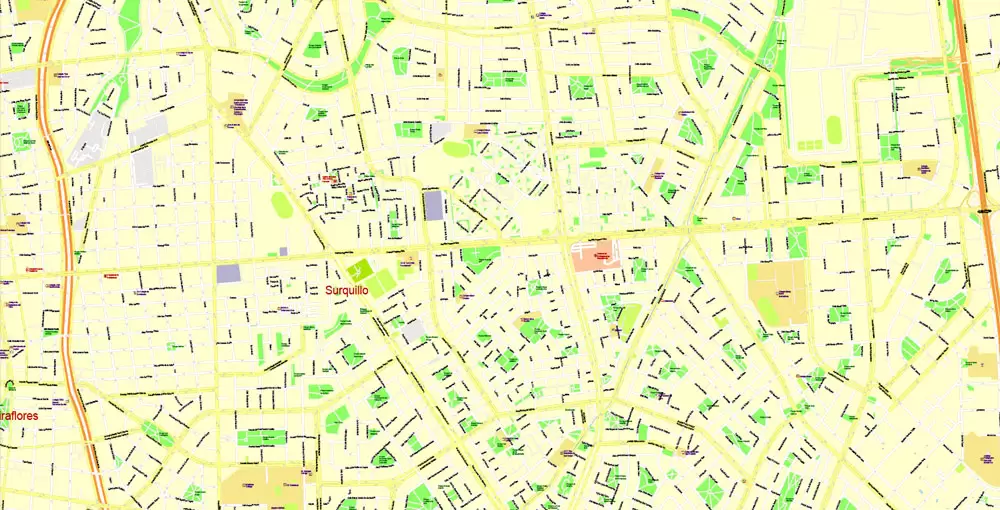 Printable Map Lima, Peru, exact Map City Plan Level G-View 17 (100 meters scale) full editable, Adobe Illustrator