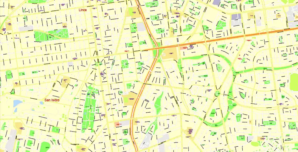 Printable Map Lima, Peru, exact Map City Plan Level G-View 17 (100 meters scale) full editable, Adobe Illustrator