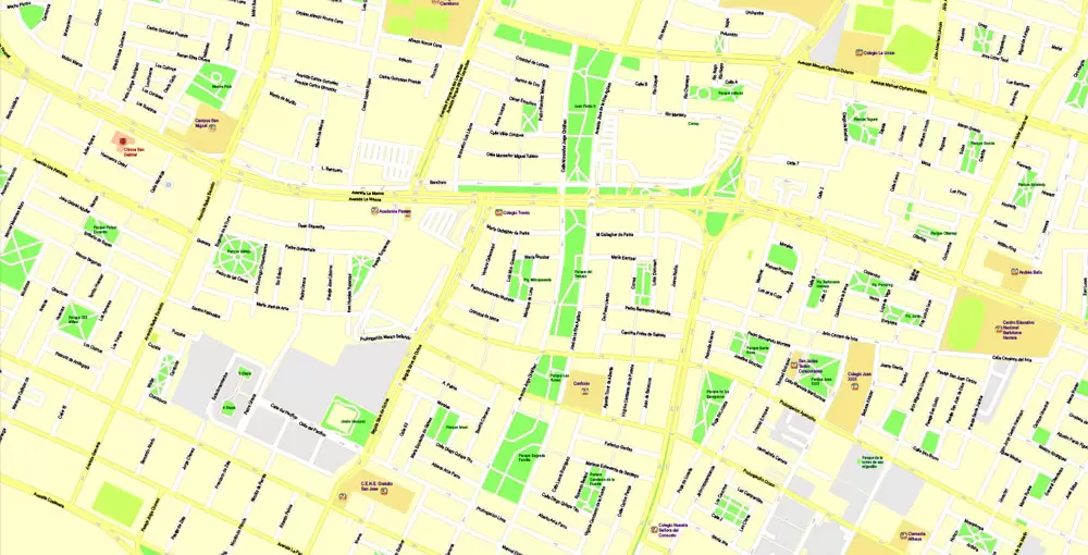 Printable Map Lima, Peru, exact Map City Plan Level G-View 17 (100 meters scale) full editable, Adobe Illustrator
