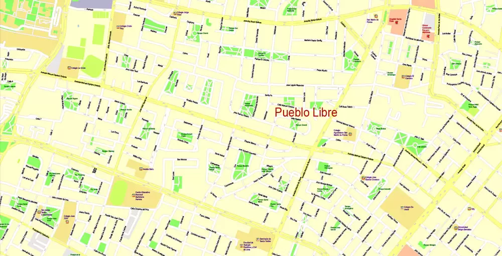 Printable Map Lima, Peru, exact Map City Plan Level G-View 17 (100 meters scale) full editable, Adobe Illustrator