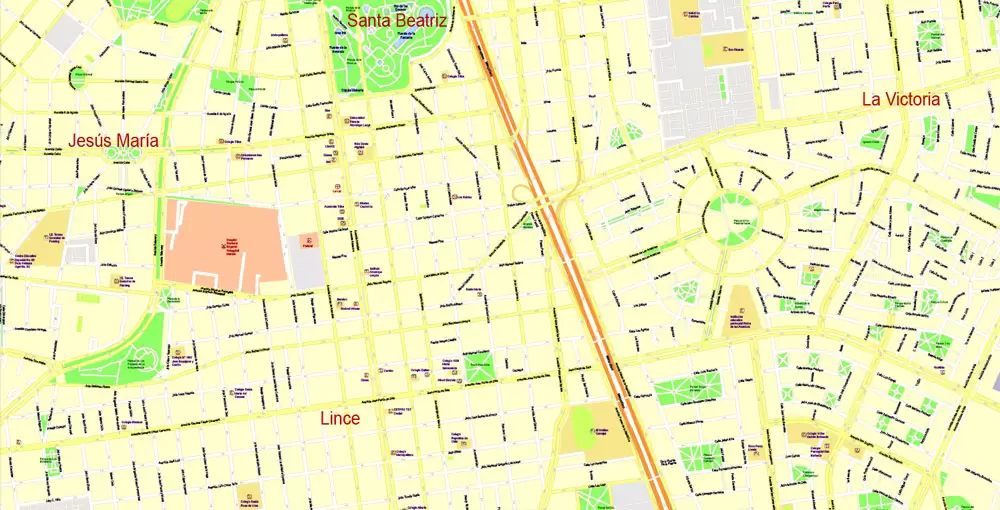 Printable Map Lima, Peru, exact Map City Plan Level G-View 17 (100 meters scale) full editable, Adobe Illustrator