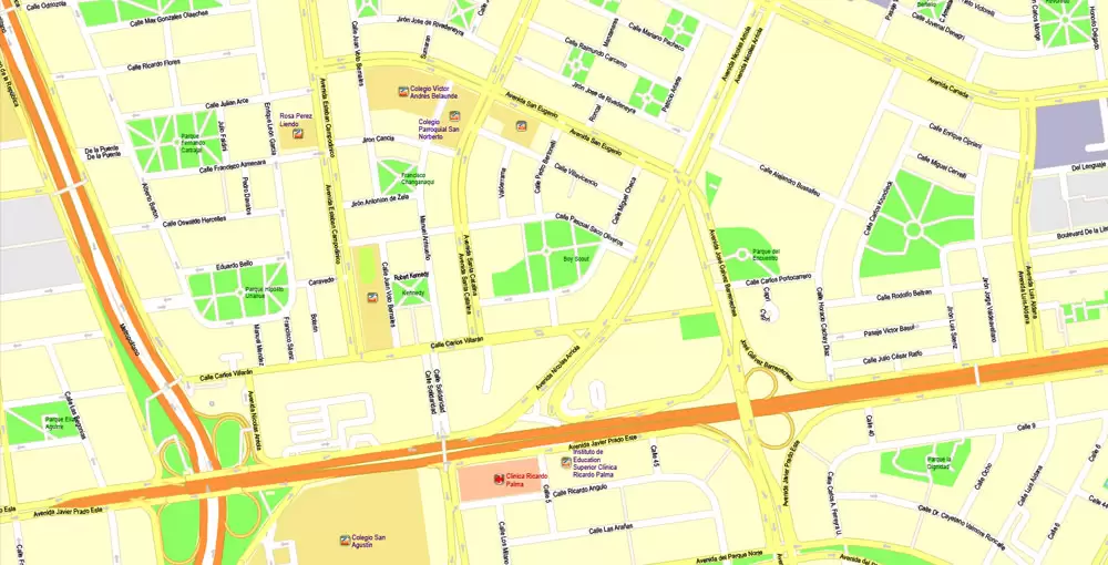Printable Map Lima, Peru, exact Map City Plan Level G-View 17 (100 meters scale) full editable, Adobe Illustrator
