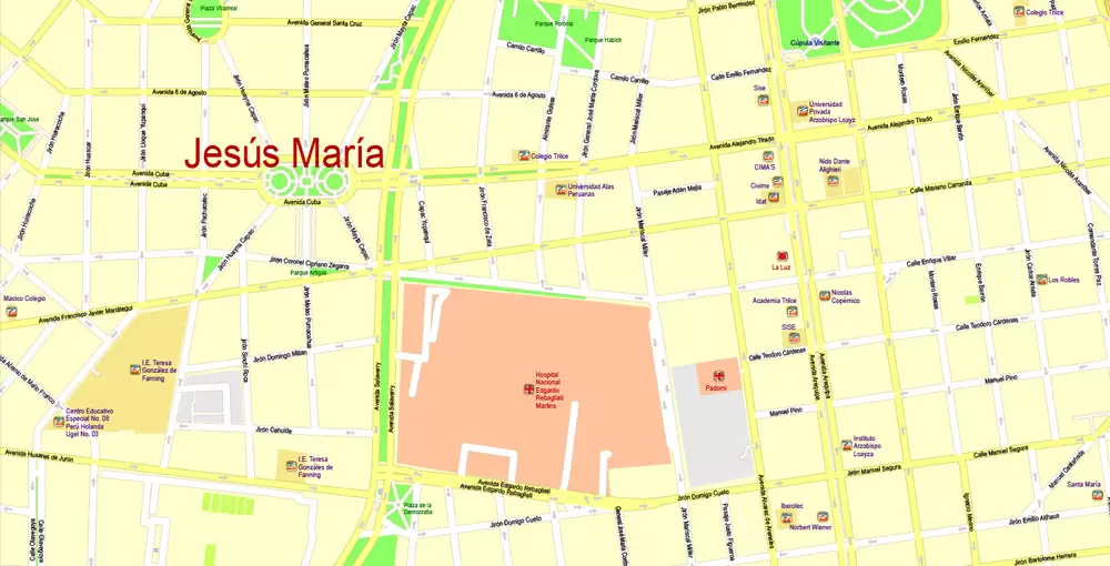 Printable Map Lima, Peru, exact Map City Plan Level G-View 17 (100 meters scale) full editable, Adobe Illustrator