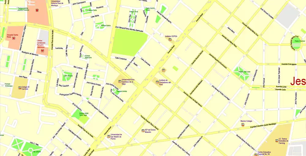 Printable Map Lima, Peru, exact Map City Plan Level G-View 17 (100 meters scale) full editable, Adobe Illustrator