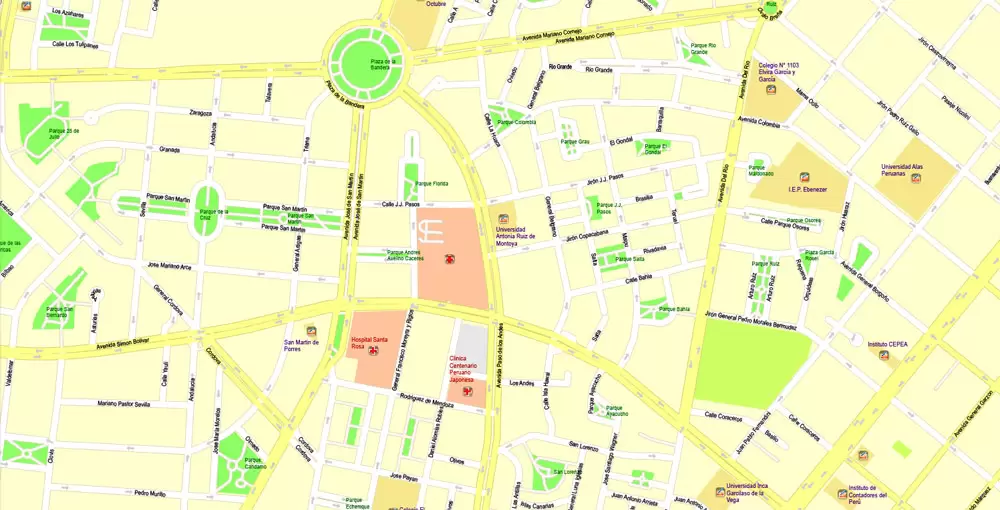 Printable Map Lima, Peru, exact Map City Plan Level G-View 17 (100 meters scale) full editable, Adobe Illustrator