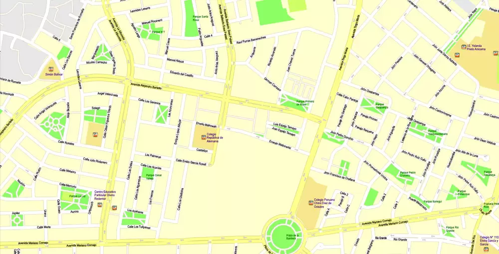 Printable Map Lima, Peru, exact Map City Plan Level G-View 17 (100 meters scale) full editable, Adobe Illustrator