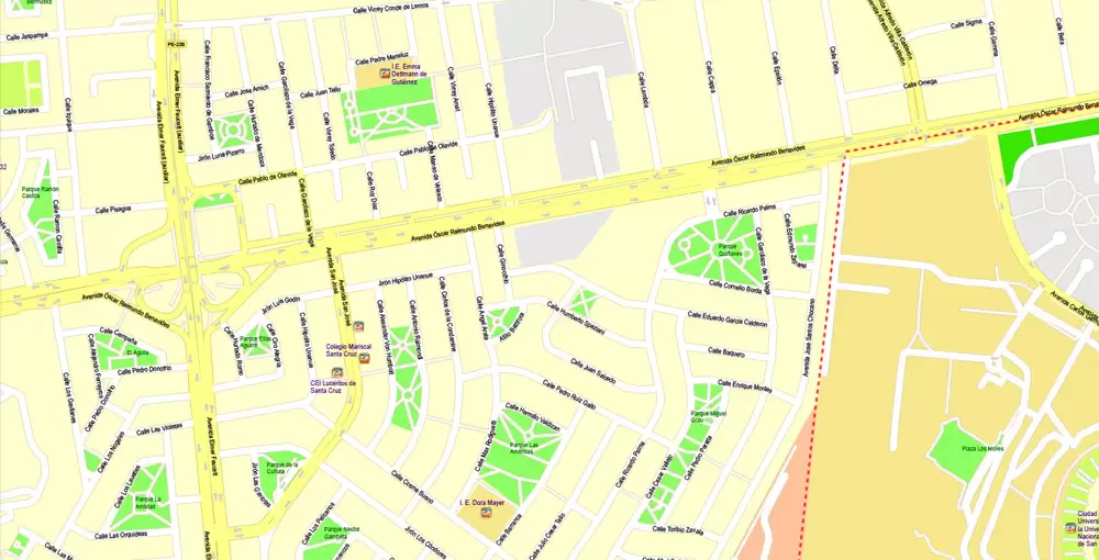 Printable Map Lima, Peru, exact Map City Plan Level G-View 17 (100 meters scale) full editable, Adobe Illustrator