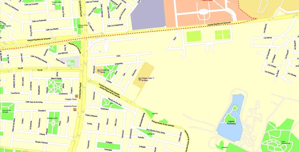 Printable Map Lima, Peru, exact Map City Plan Level G-View 17 (100 meters scale) full editable, Adobe Illustrator