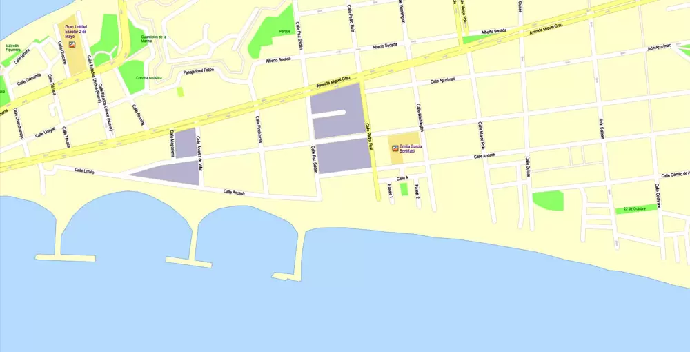 Printable Map Lima, Peru, exact Map City Plan Level G-View 17 (100 meters scale) full editable, Adobe Illustrator