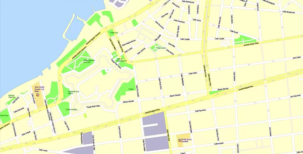 Printable Map Lima, Peru, exact Map City Plan Level G-View 17 (100 meters scale) full editable, Adobe Illustrator