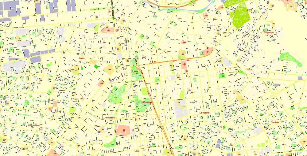 Printable Map Lima, Peru, exact Map City Plan Level G-View 17 (100 meters scale) full editable, Adobe Illustrator