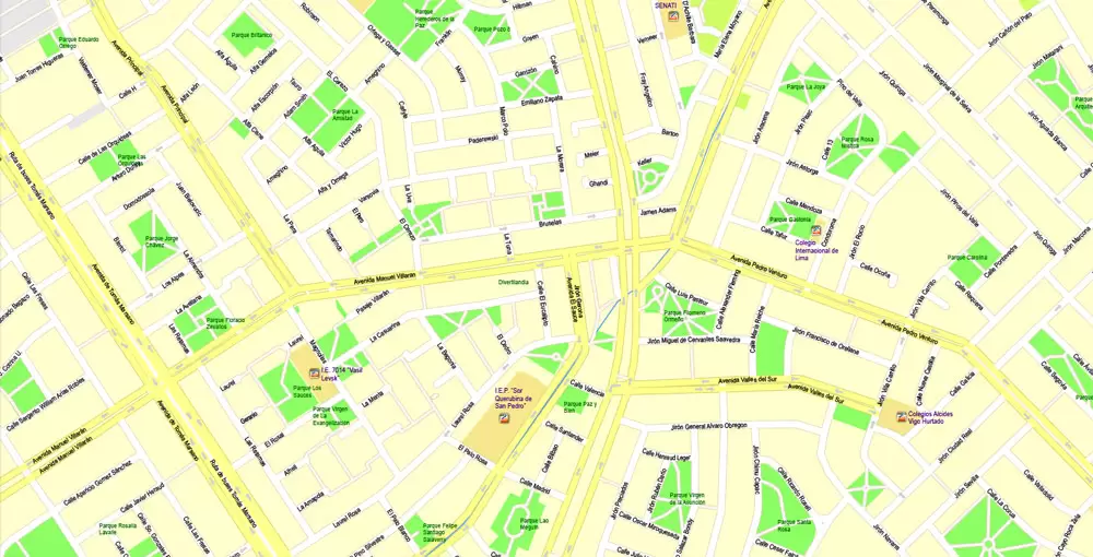 Printable Map Lima, Peru, exact Map City Plan Level G-View 17 (100 meters scale) full editable, Adobe Illustrator