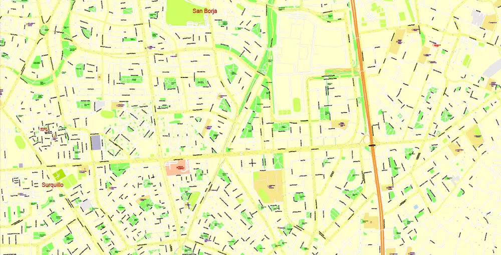 Printable Map Lima, Peru, exact Map City Plan Level G-View 17 (100 meters scale) full editable, Adobe Illustrator