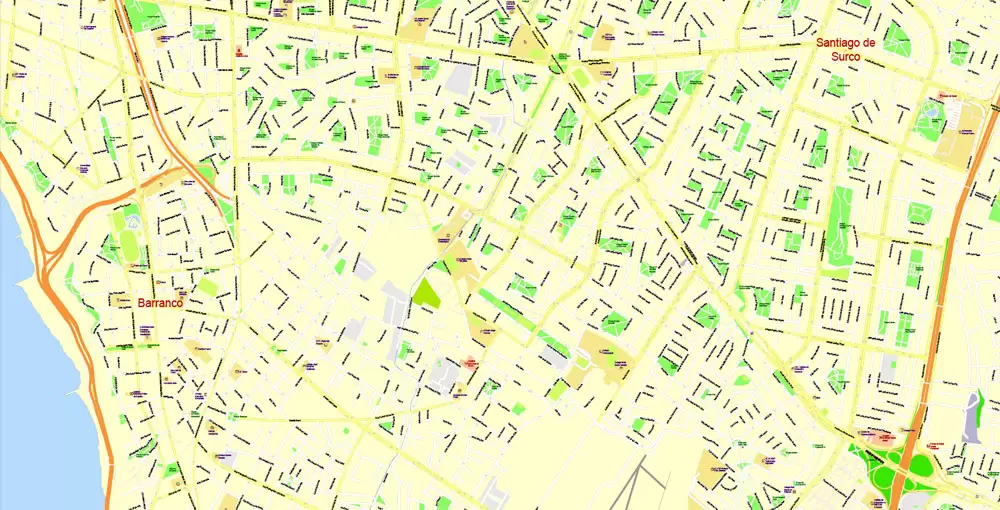 Printable Map Lima, Peru, exact Map City Plan Level G-View 17 (100 meters scale) full editable, Adobe Illustrator
