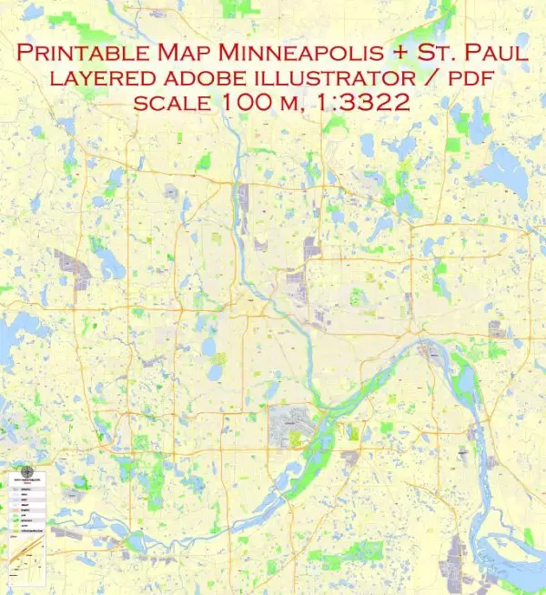 Printable Map Minneapolis + Saint Paul, Minnesota US, exact vector Map street G-View City Plan Level 17 (100 meters scale) full editable, Adobe Illustrator