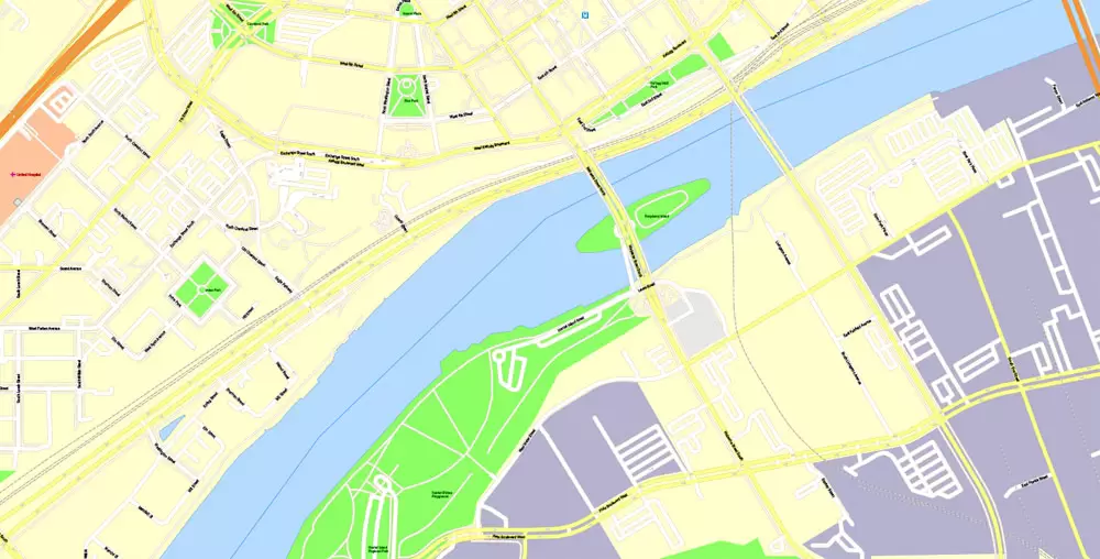 Printable Map Minneapolis + Saint Paul, Minnesota US, exact vector Map street G-View City Plan Level 17 (100 meters scale) full editable, Adobe Illustrator