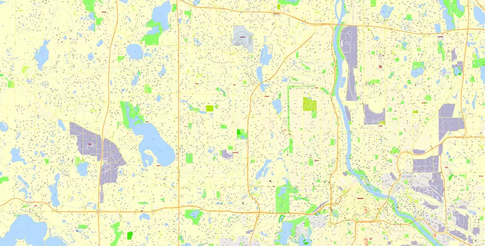 Printable Map Minneapolis + Saint Paul, Minnesota US, exact vector Map street G-View City Plan Level 17 (100 meters scale) full editable, Adobe Illustrator