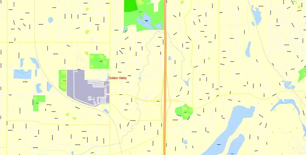 Printable Map Minneapolis + Saint Paul, Minnesota US, exact vector Map street G-View City Plan Level 17 (100 meters scale) full editable, Adobe Illustrator