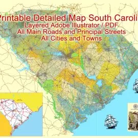 Printable Map South Carolina State, US, exact vector Map Street, Road and Admin Plan, full editable, Adobe Illustrator