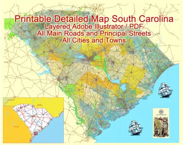 Printable Map South Carolina State, US, exact vector Map Street, Road and Admin Plan, full editable, Adobe Illustrator