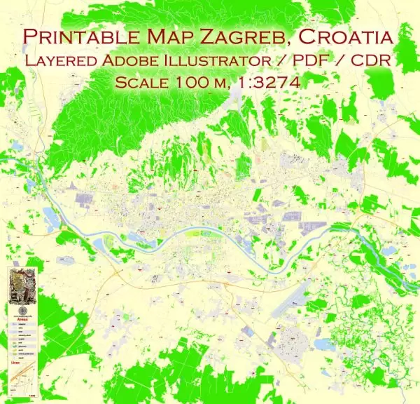 Printable Vector Map Zagreb, Croatia, exact City Plan, street G-View Level 17 (100 meters scale) map, fully editable, Adobe Illustrator