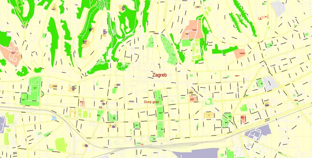 Printable Vector Map Zagreb, Croatia, exact City Plan, street G-View Level 17 (100 meters scale) map, fully editable, Adobe Illustrator