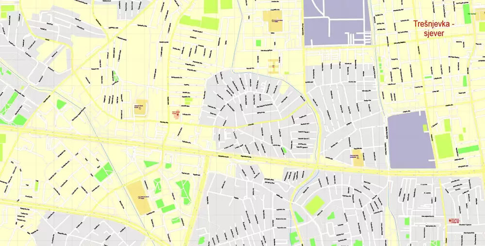 Printable Vector Map Zagreb, Croatia, exact City Plan, street G-View Level 17 (100 meters scale) map, fully editable, Adobe Illustrator