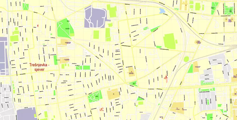 Printable Vector Map Zagreb, Croatia, exact City Plan, street G-View Level 17 (100 meters scale) map, fully editable, Adobe Illustrator