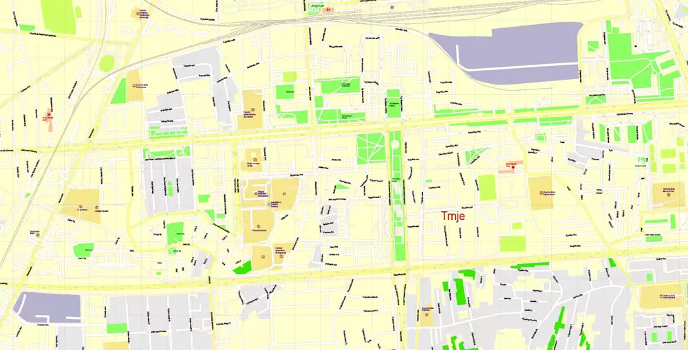 Printable Vector Map Zagreb, Croatia, exact City Plan, street G-View Level 17 (100 meters scale) map, fully editable, Adobe Illustrator
