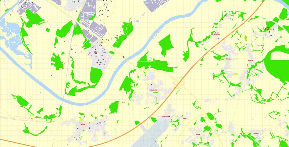 Printable Vector Map Zagreb, Croatia, exact City Plan, street G-View Level 17 (100 meters scale) map, fully editable, Adobe Illustrator