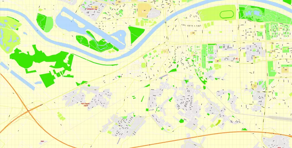 Printable Vector Map Zagreb, Croatia, exact City Plan, street G-View Level 17 (100 meters scale) map, fully editable, Adobe Illustrator