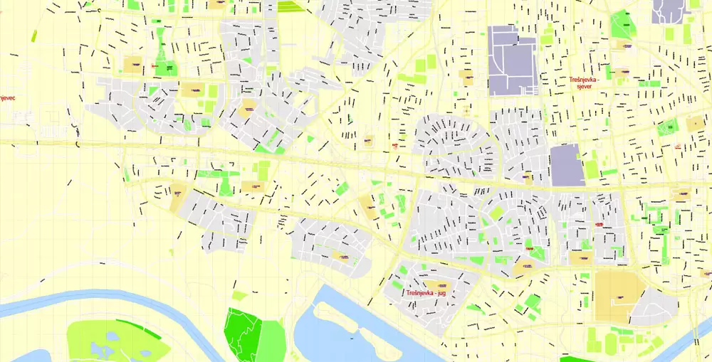 Printable Vector Map Zagreb, Croatia, exact City Plan, street G-View Level 17 (100 meters scale) map, fully editable, Adobe Illustrator