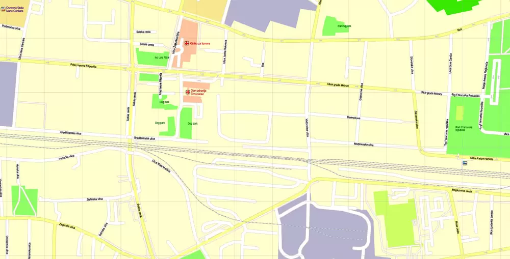 Printable Vector Map Zagreb, Croatia, exact City Plan, street G-View Level 17 (100 meters scale) map, fully editable, Adobe Illustrator