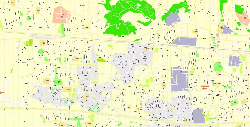 Printable Vector Map Zagreb, Croatia, exact City Plan, street G-View Level 17 (100 meters scale) map, fully editable, Adobe Illustrator