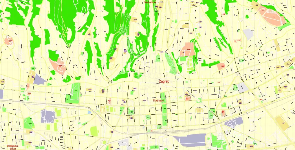 Printable Vector Map Zagreb, Croatia, exact City Plan, street G-View Level 17 (100 meters scale) map, fully editable, Adobe Illustrator
