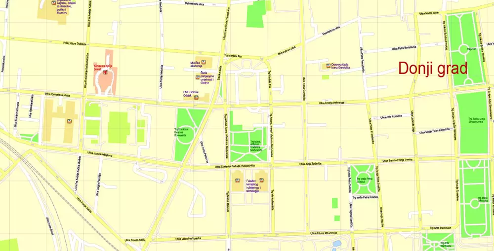 Printable Vector Map Zagreb, Croatia, exact City Plan, street G-View Level 17 (100 meters scale) map, fully editable, Adobe Illustrator