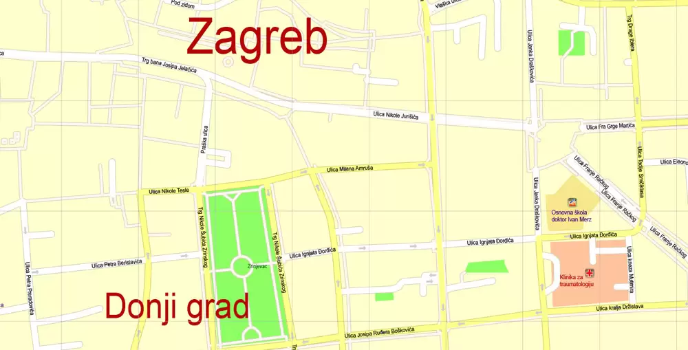 Printable Vector Map Zagreb, Croatia, exact City Plan, street G-View Level 17 (100 meters scale) map, fully editable, Adobe Illustrator