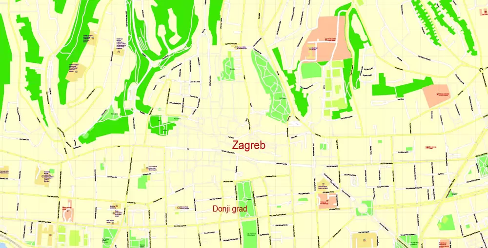 Printable Vector Map Zagreb, Croatia, exact City Plan, street G-View Level 17 (100 meters scale) map, fully editable, Adobe Illustrator