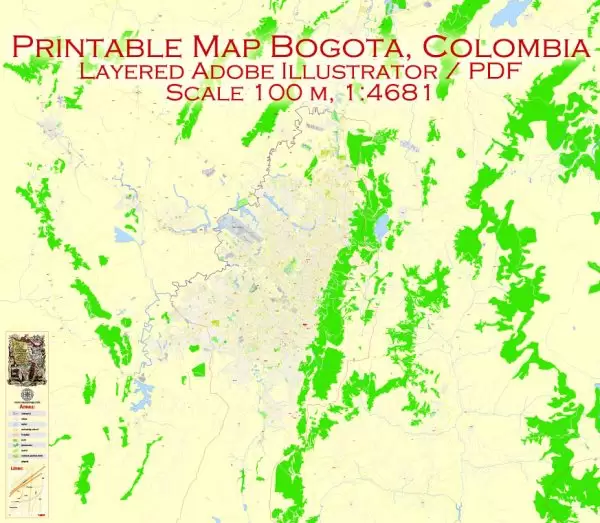 Printable Vector Map Bogota metro area, Colombia, exact vector Map street G-View City Plan Level 17 (100 meters scale) full editable, Adobe Illustrator