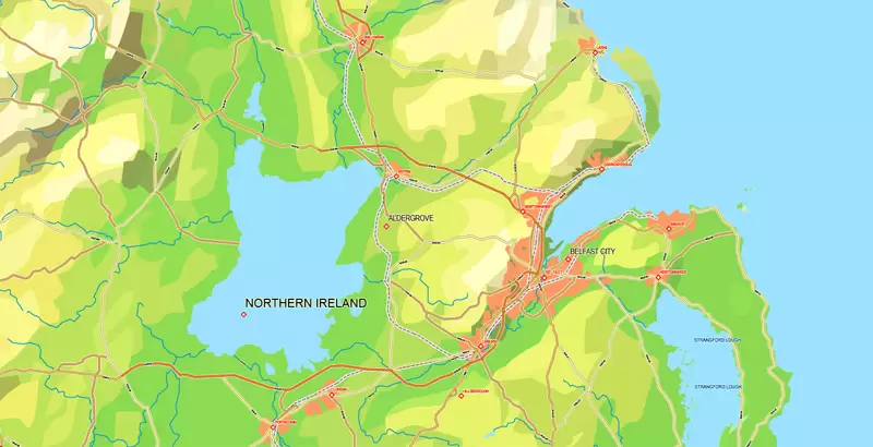 Printable Map UK + Full Ireland, exact vector relief road map, full editable, Layered Adobe Illustrator