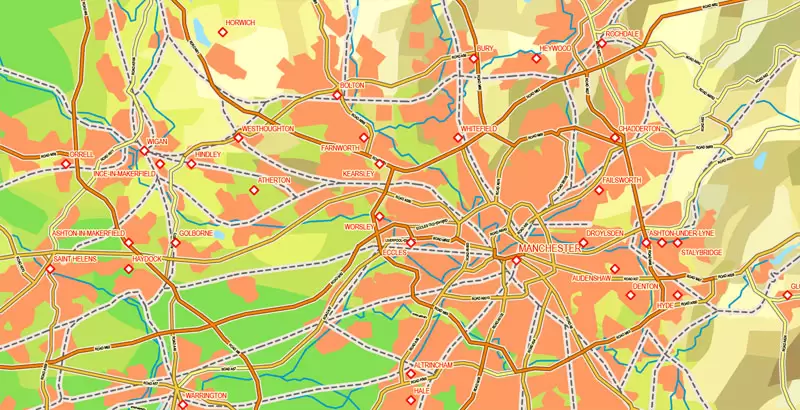 Printable Map UK + Full Ireland, exact vector relief road map, full editable, Layered Adobe Illustrator