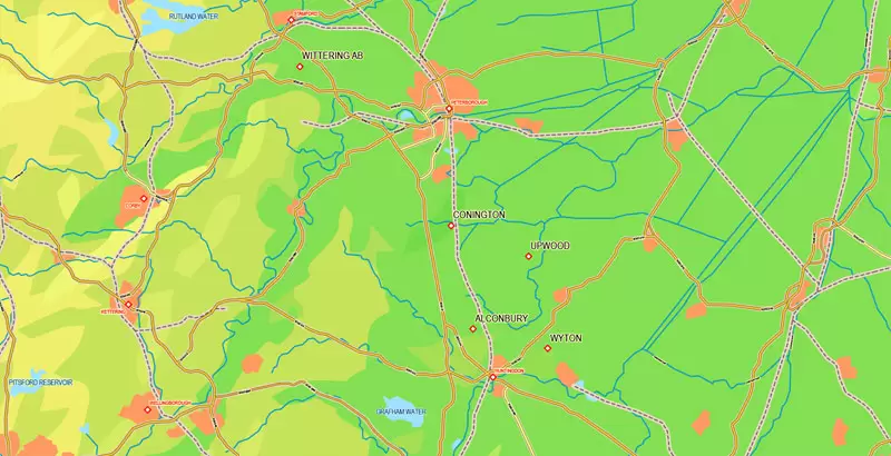 Printable Map UK + Full Ireland, exact vector relief road map, full editable, Layered Adobe Illustrator